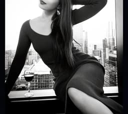 Tantric practitioner Eden sitting on a window sill with a glass of wine, overlooking the Melbourne city skyline during an intimate, sensual moment