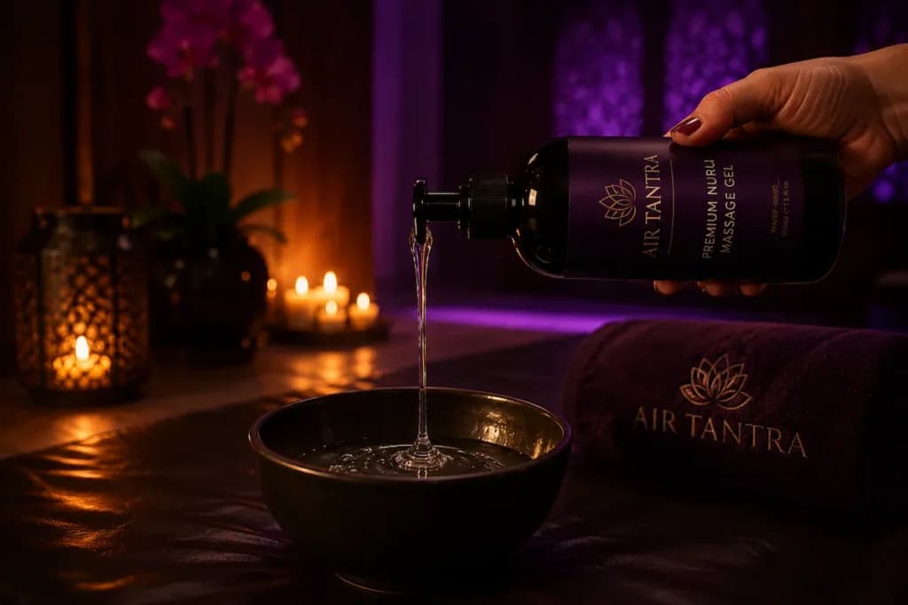Air Tantra nuru massage gel preparation in a luxury Australian spa environment